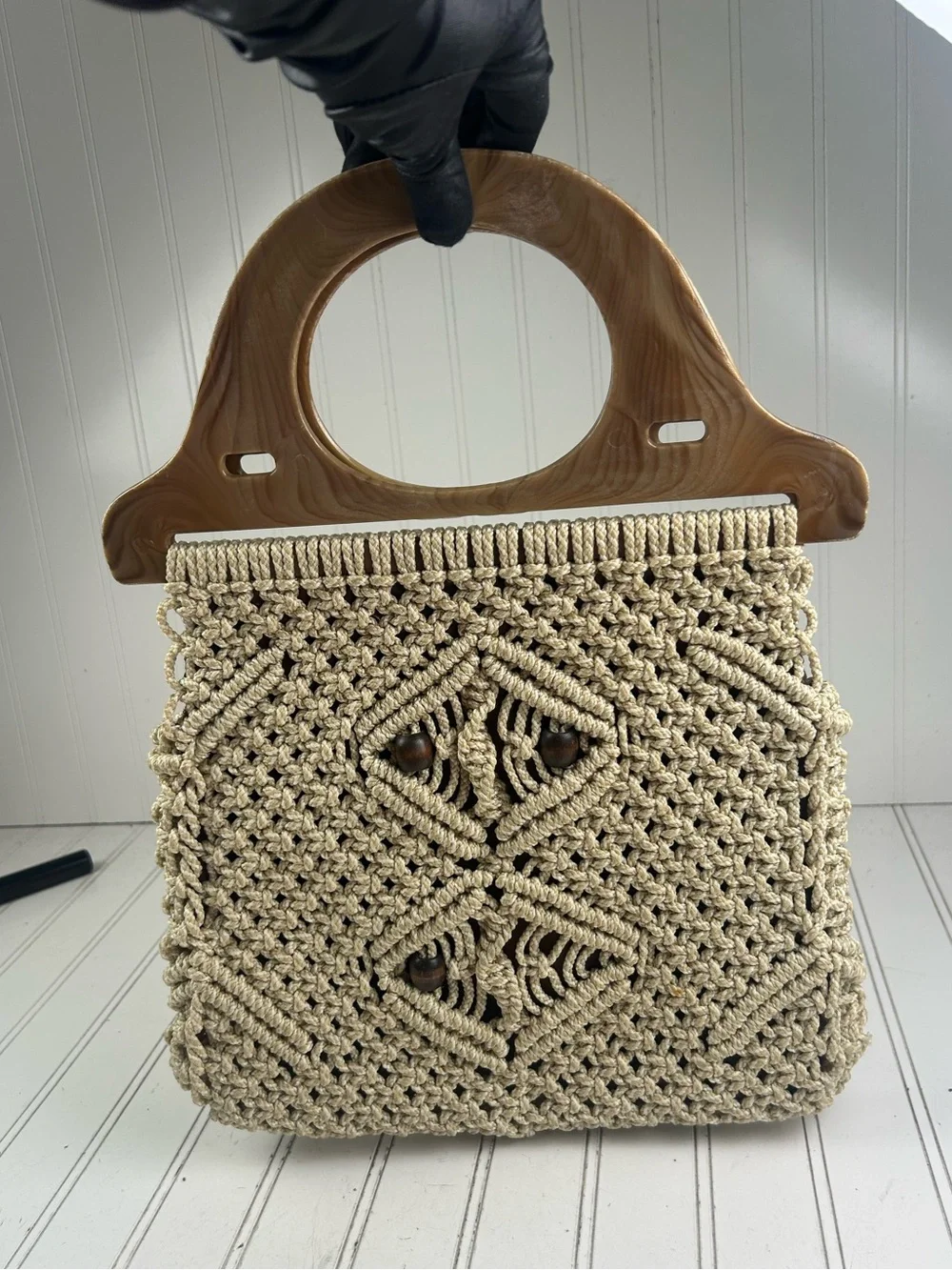 Vintage Y2K Vacation Boho Macrame Beige Woven Pattern Shoulder Bag Purse